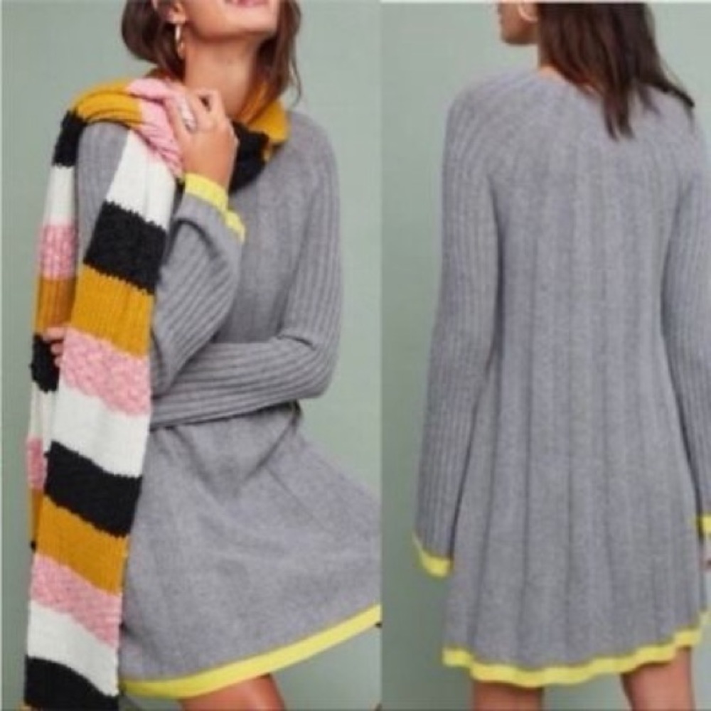 Gray Long-Sleeve Knit Dress with Yellow Trim